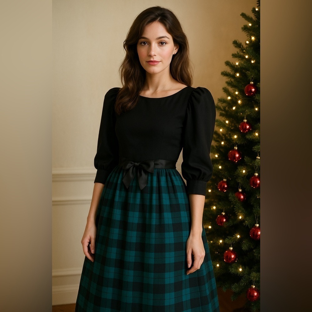 Vintage Lanz Originals Victorian Revival Dress Plaid Puff Sleeve Holiday Gown